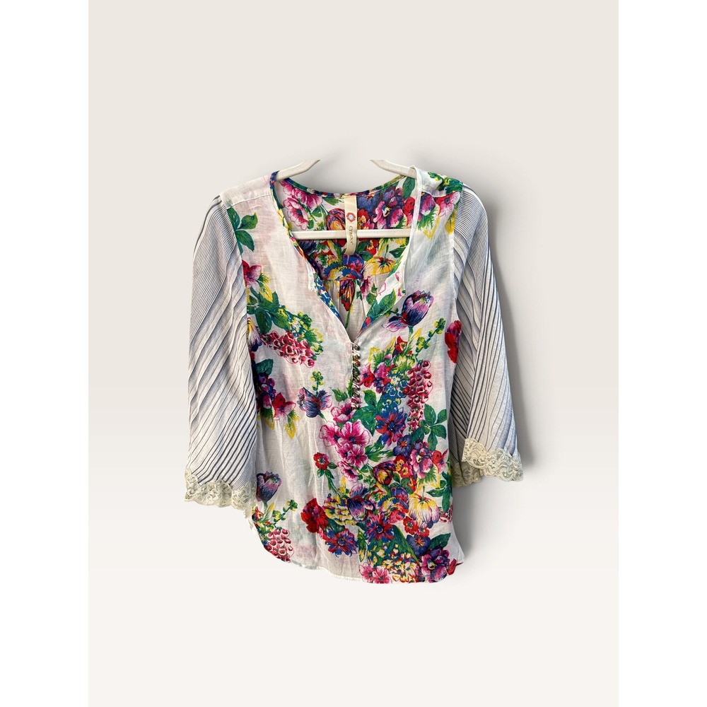 Cyrena Floral Mixed Media Blouse Striped Lace Trim Sleeve Boho Top Multi Color s